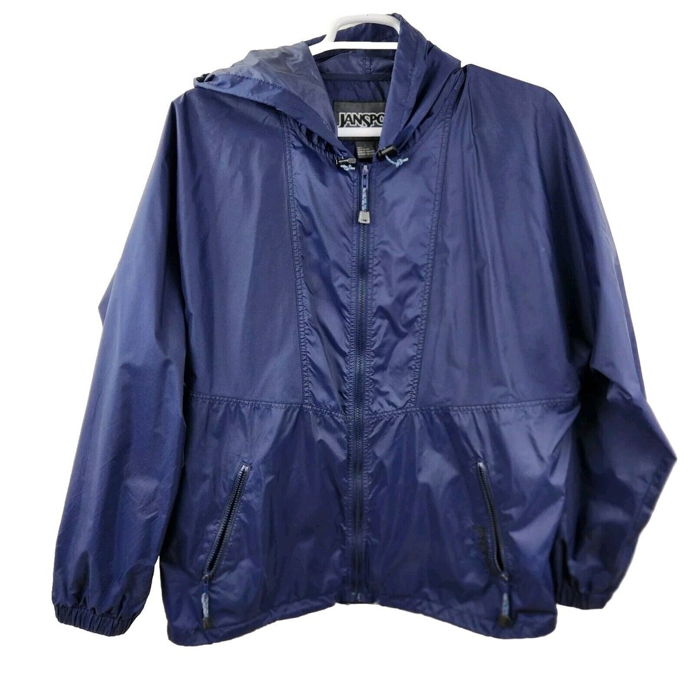 Jansport Large Full Zip-Up Men's Blue Nylon Long Sleeve Pockets Logo Vintage